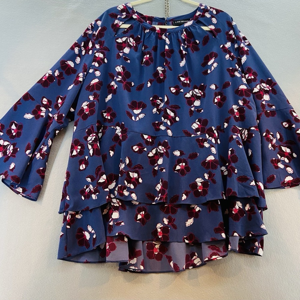 Lane Bryant Peplum Top Plus SZ 26 Purple‎ Floral Print with Bell Sleeves Peasant